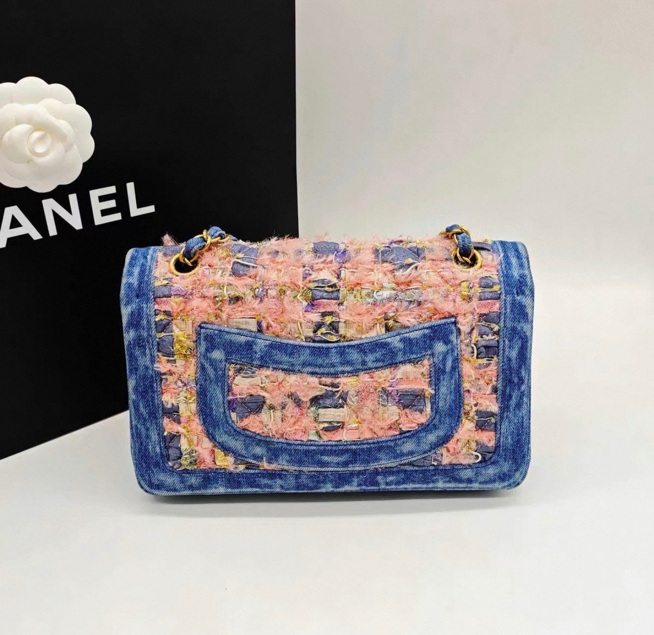 Chanel 2016 runway limited edition CF medium size in pink tweed and blue denim