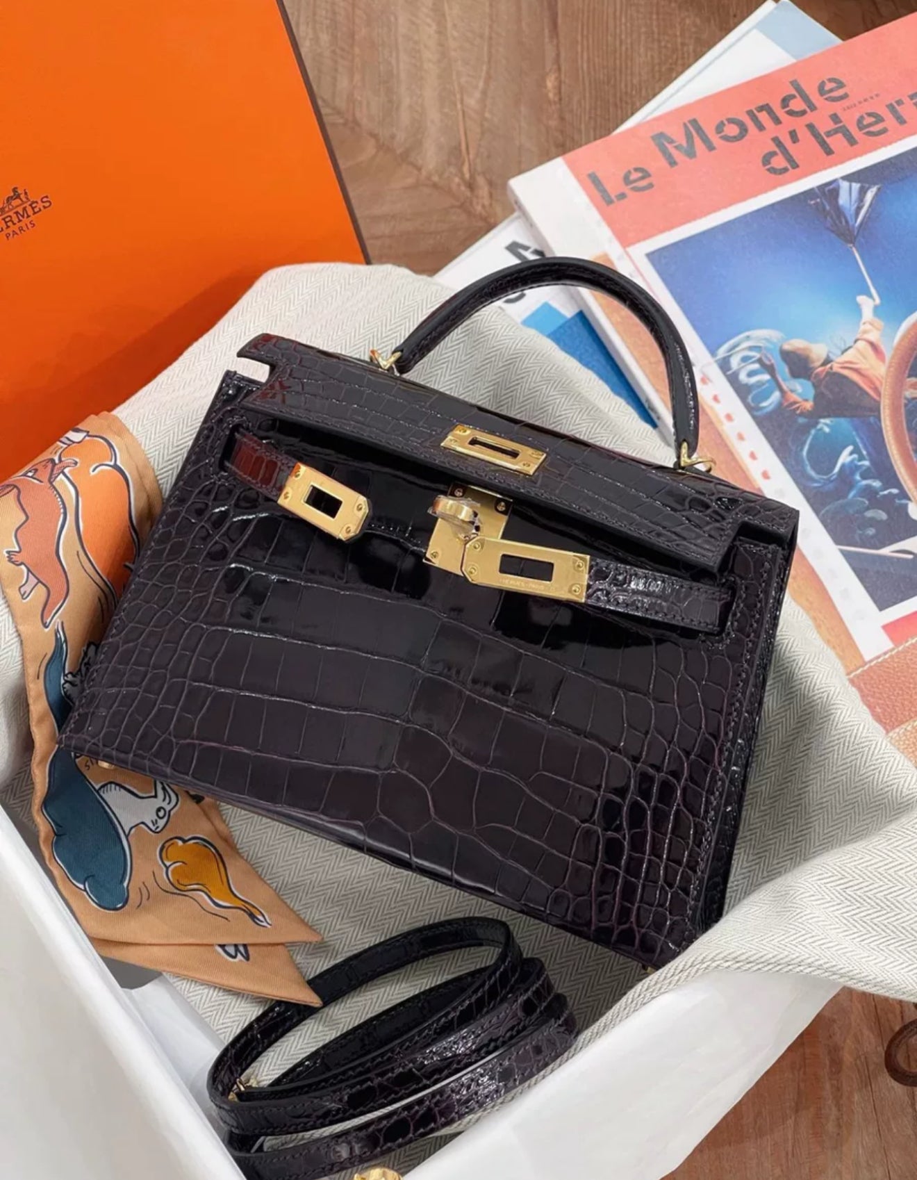 Hermes Mini Kelly Aubergine Niloticus Crocodile with Gold Hardware