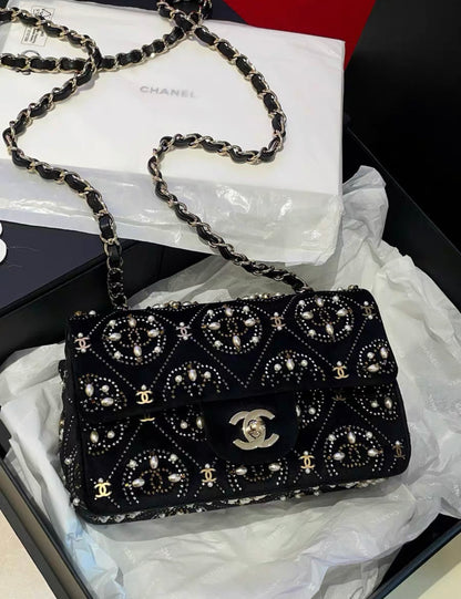 Chanel 2020 Black Velvet, Imitation Pearl, Strass CC Embellished Rectangular Mini Classic Flap Gold Hardware