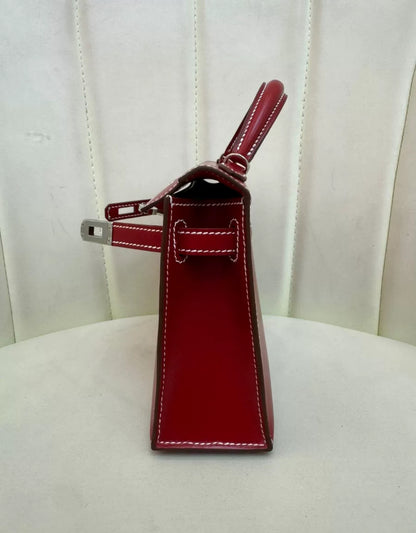 Rare Hermès Mini Kelly Ferrari red box leather with white stitching palladium hardware