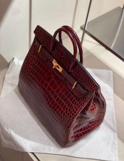 Hermes Birkin HAC 40 Bordeaux Burgundy Shiny crocodile leather gold hardware