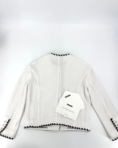 Chanel 21C ECRU Tweed Jacket BLACK SATIN Braided trim CC button size 36 Brand New