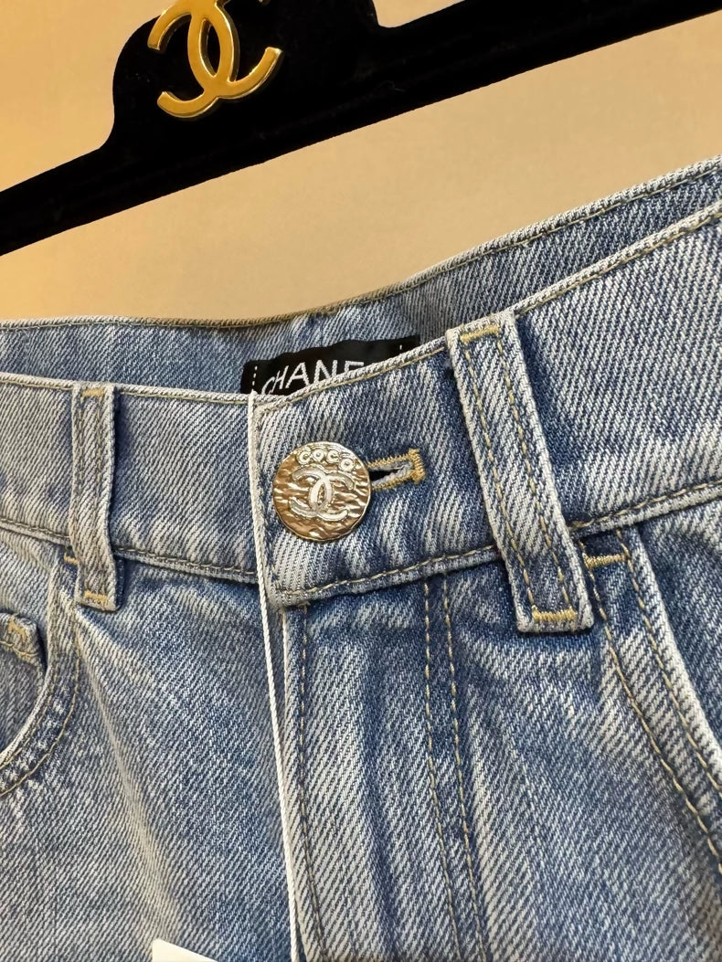 Chanel 25M blue distressed heart embroidered denim shorts