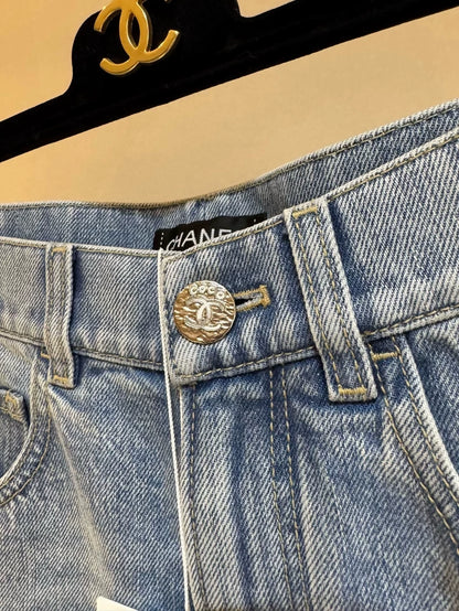 Chanel 25M blue distressed heart embroidered denim shorts