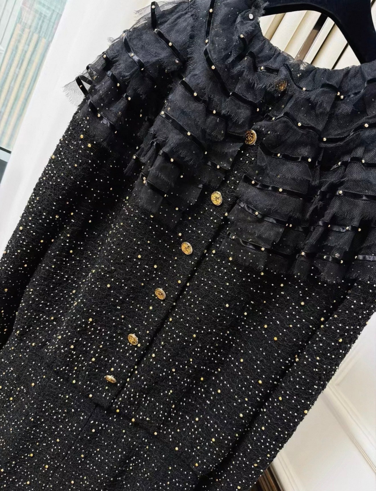 Chanel 21A black tweed mesh pearl sequinned long dress