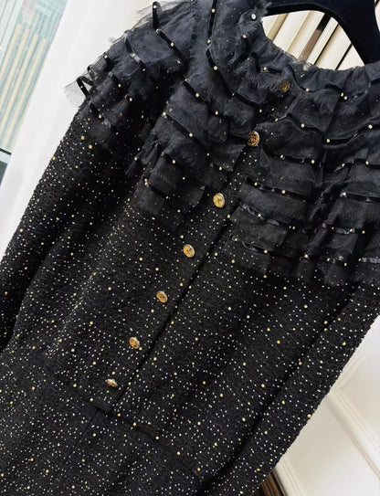 Chanel 21A black tweed mesh pearl sequinned long dress