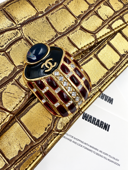 Chanel 19A Gold Crocodile Embossed Paris-New York Coco Scarab Ancient Egyptian Clutch Gold Hardware