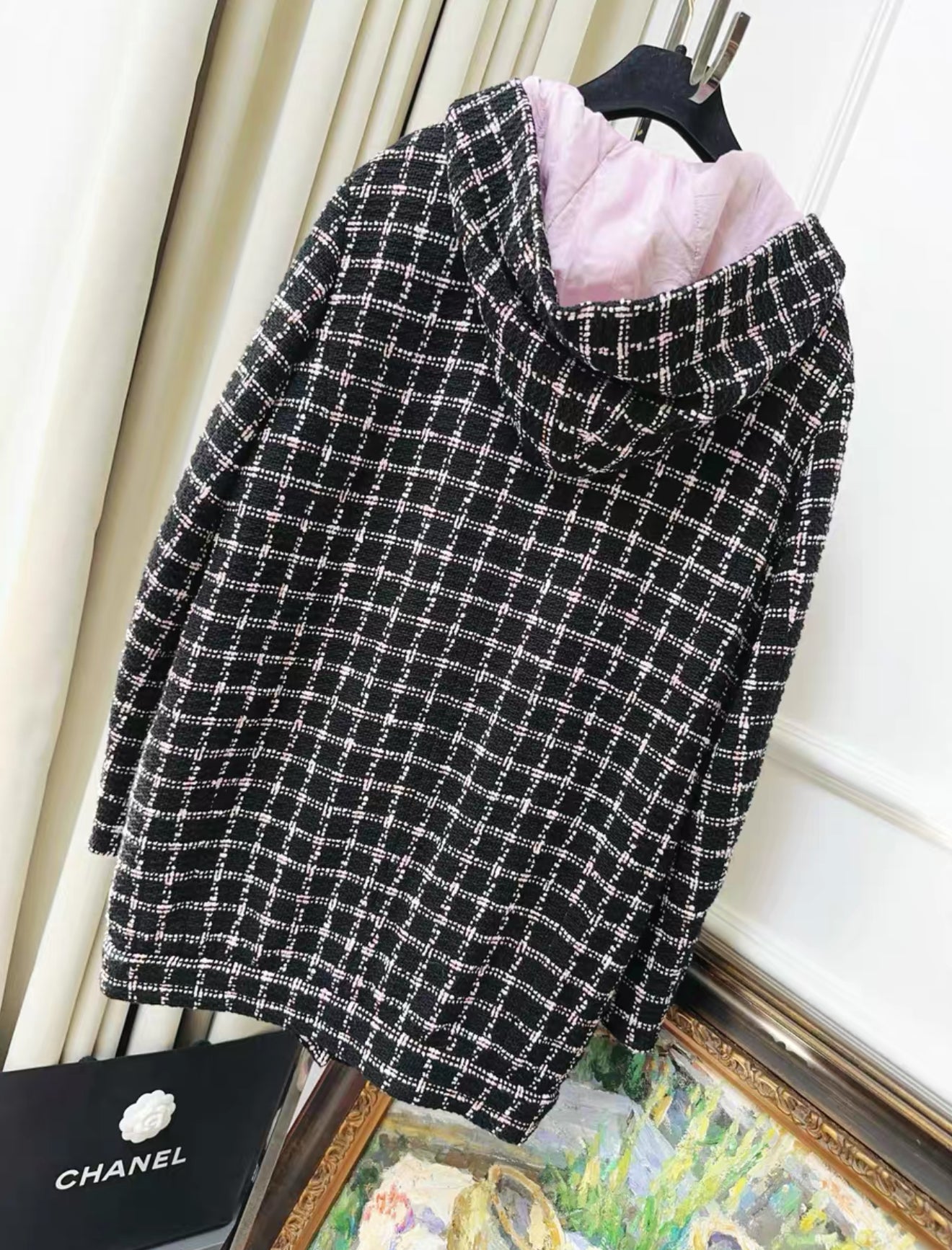Chanel 24S black and pink tweed hooded long coat