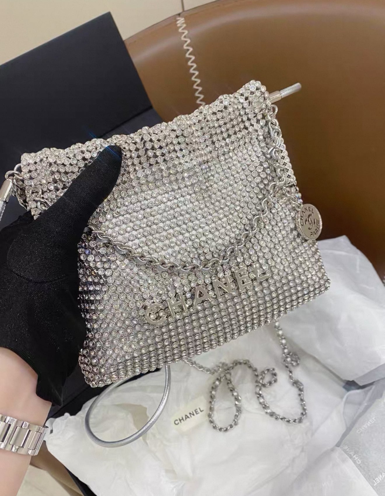 Chanel 24S 22bag mini silver metallic full rhinestones