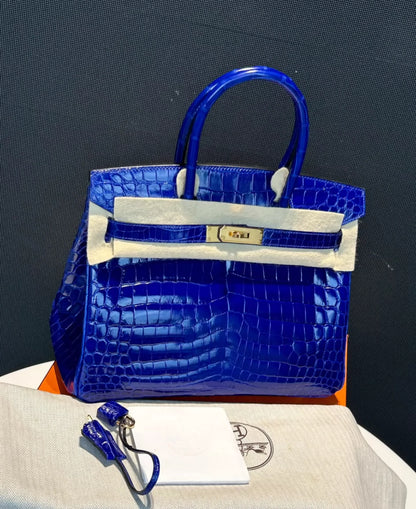Hermes Birkin30 Electric Blue Shiny Crocodile Leather Gold Hardware