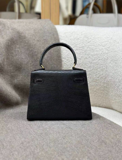 HERMÈS KELLY 20 MINI VINTAGE BLACK LIZARD WITH GOLD HARDWARE