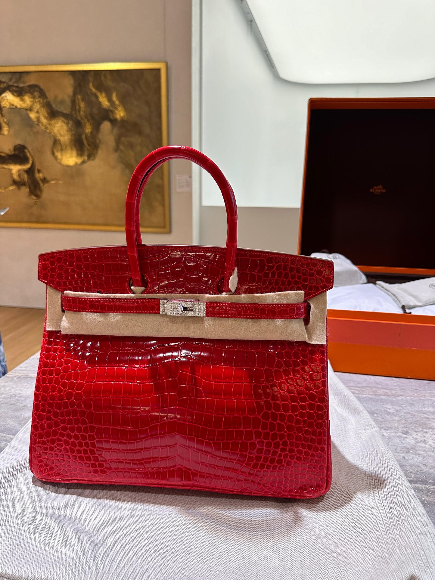 Hermès Birkin 35 Rouge Braise Shiny Porosus Crocodile 18K White Gold and Diamond Hardware