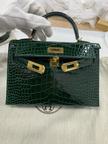 Hermes Mini Kelly Vert Fonce Niloticus Crocodile Gold Hardware