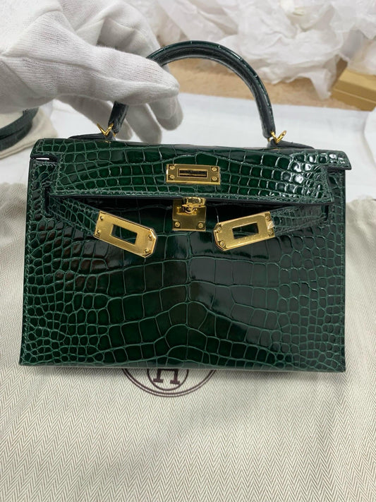 Hermes Mini Kelly Vert Fonce Niloticus Crocodile Gold Hardware