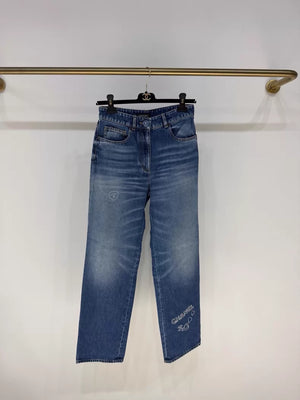 Chanel 24b heart embroidered graffiti blue straight leg jeans