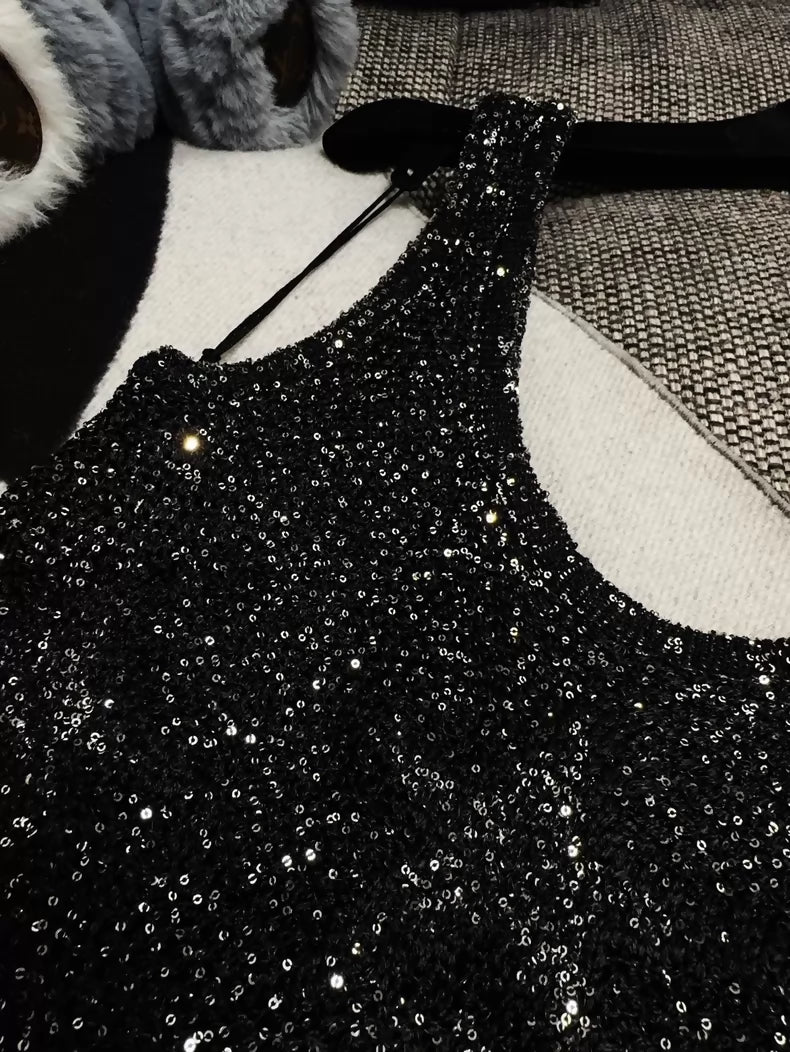 Chanel 24C Black and Silver Glittering Star Sequin Black Dress