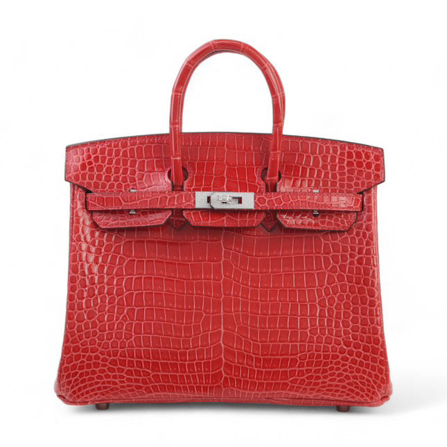 Hermès Birkin 25 Rouge Braise Shiny Porosus Crocodile 18K White Gold and Diamond Hardware