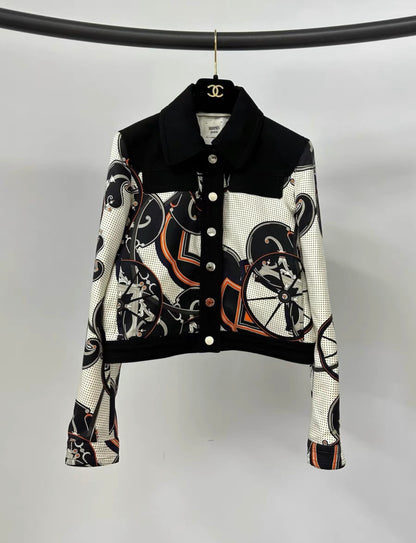 Hermes Black & White "Outdoor" Printed Silk Short Jacket size 36