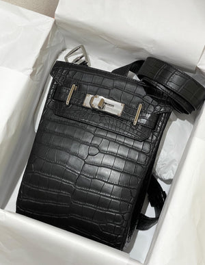 Hermes HAC a Dos PM Black Matte Alligator Palladium Hardware