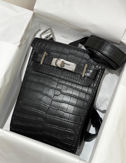 Hermes HAC a Dos PM Black Matte Alligator Palladium Hardware