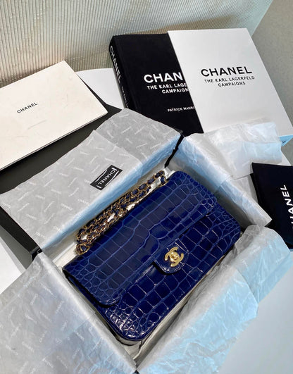 CHANEL SHINY BLUE ALLIGATOR CLASSIC FLAP BAG WITH GOLD HARDWARE