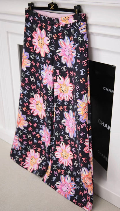 Chanel 24S Runway Colored Silk Wide-Leg Pants with All-Over CC Camellia Print