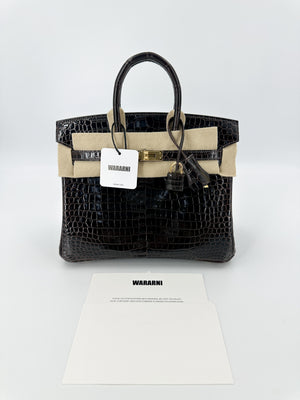 Hermes Birkin 25 Havane Shiny Porosus crocodile leather Gold hardware