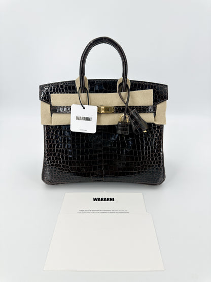 Hermes Birkin 25 Havane Shiny Porosus crocodile leather Gold hardware