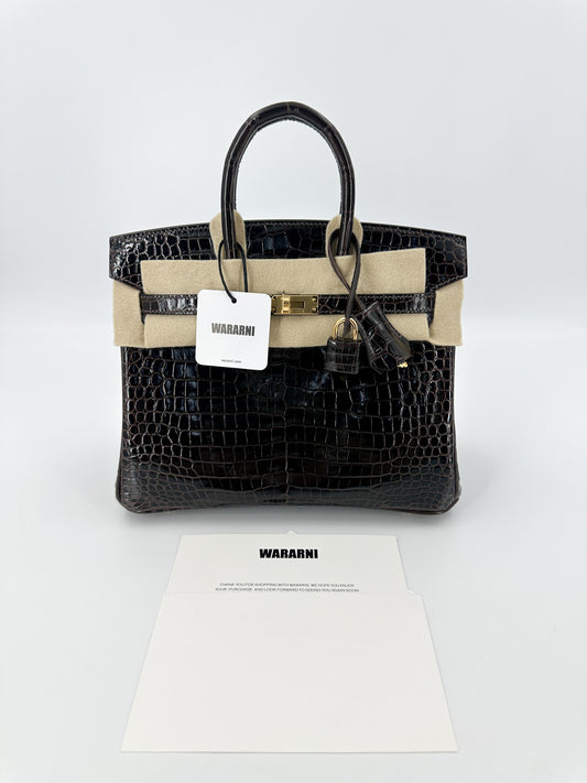 Hermes Birkin 25 Havane Shiny Porosus crocodile leather Gold hardware