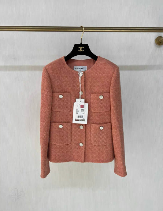 CHANEL 21B coral pink wool collarless tweed Jacket size 34 brand new with tags