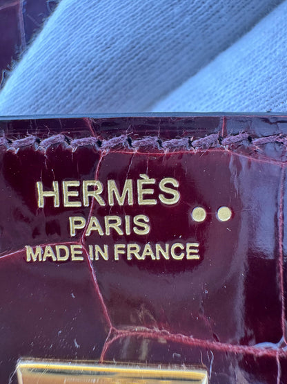 Hermes Birkin 25 Red Bordeaux shiny crocodile leather gold hardware