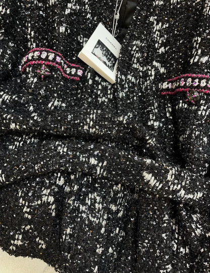 Chanel 24C Black Sequin Tweed Jacket with belt