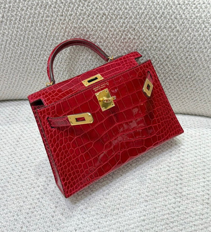 Hermes Mini Kelly 20 Braise shiny alligator gold hardware