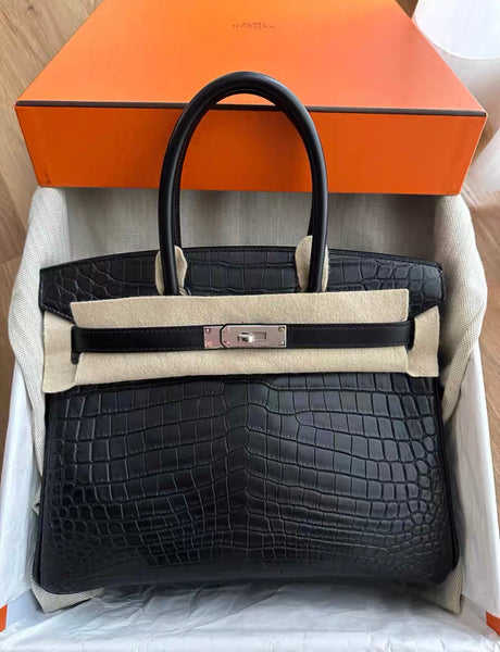 Rare Hermes Birkin 30 Black Matte Crocodile Alligator Togo & Box