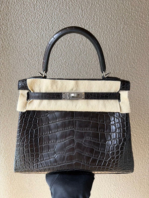 Hermes Kelly 25 Black Matte Alligator Palladium Hardware