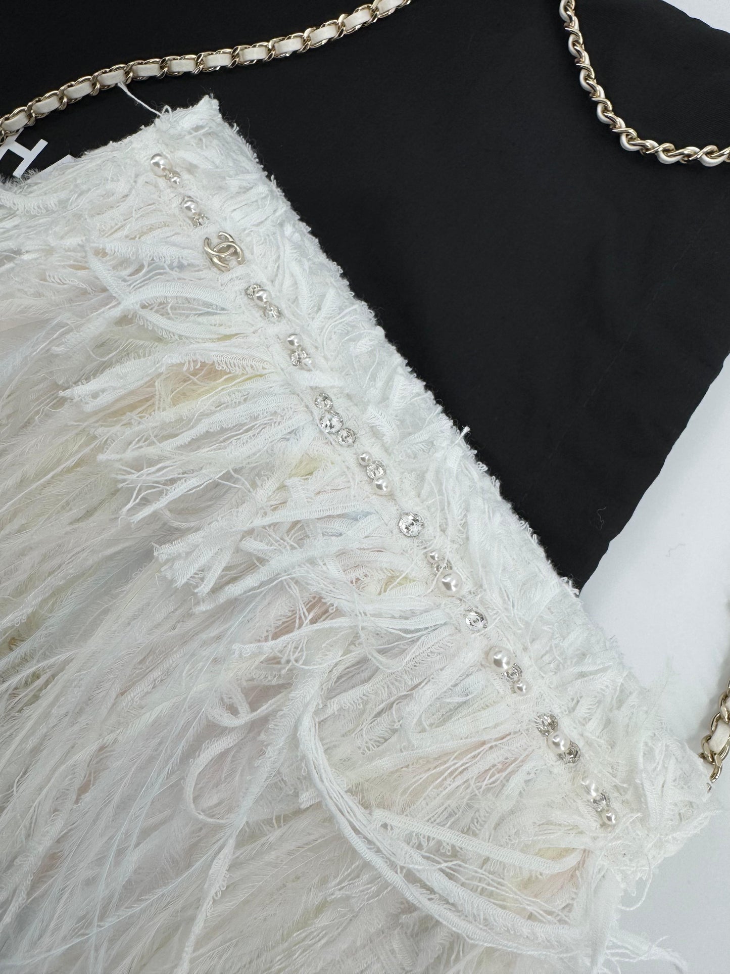 Chanel 25S Embroidered Tweed, Feathers, Imitation Pearls & Gold-Tone Metal Clutch in White