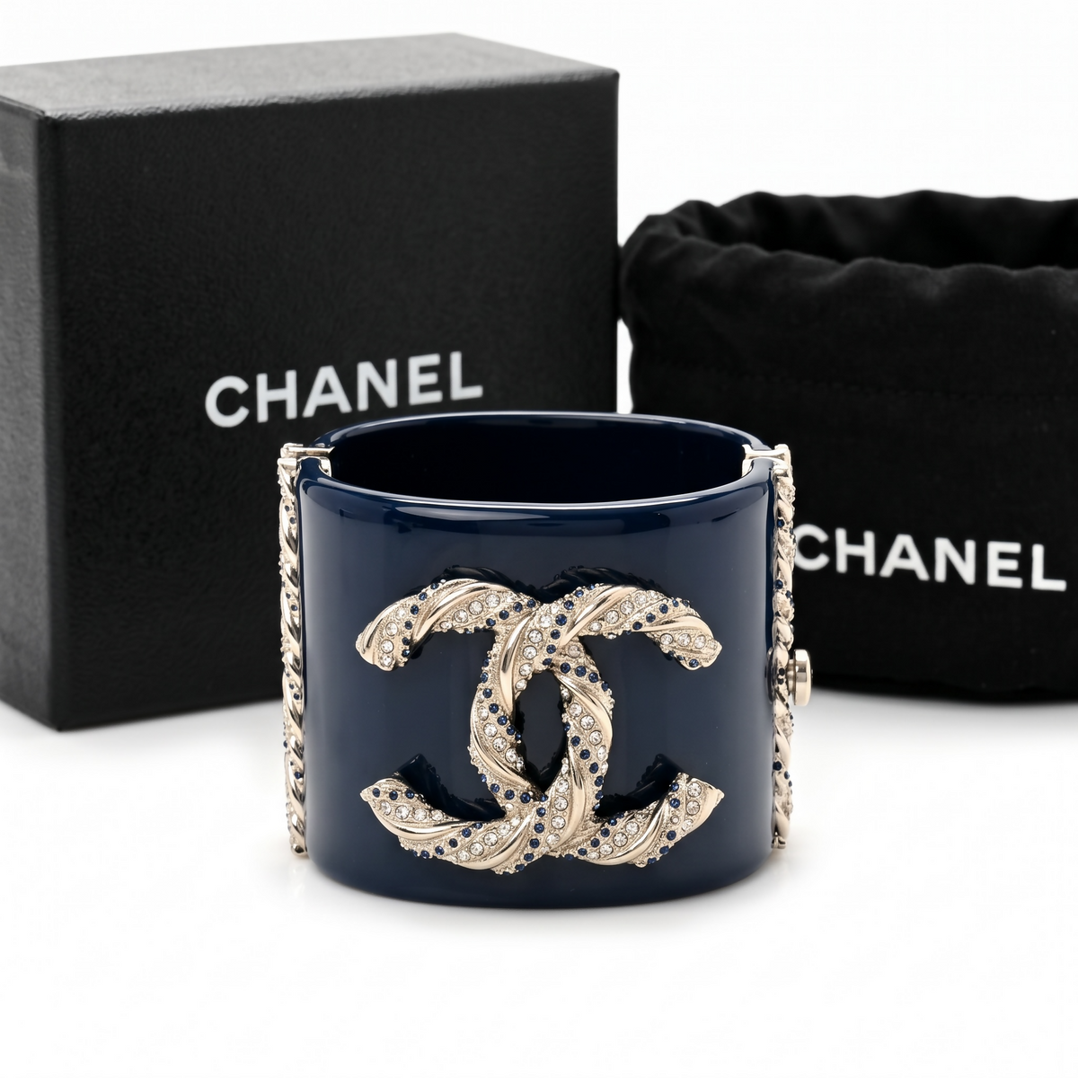Chanel 13P Navy Blue Silver Crystals Lucite Statement Bracelet Cuff