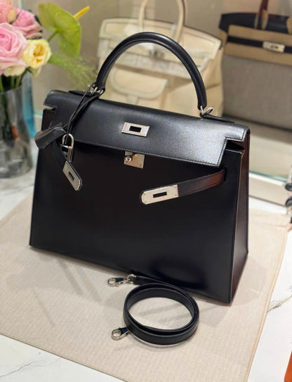 Hermes kelly 32 Black Box Calf Leather Guilloche Hardware