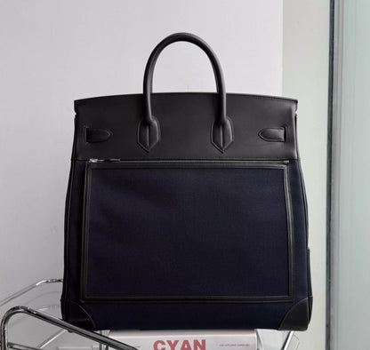 Hermès HAC 40 Bleu Marine Toile & Black Box Calf Cargo Palladium Hardware