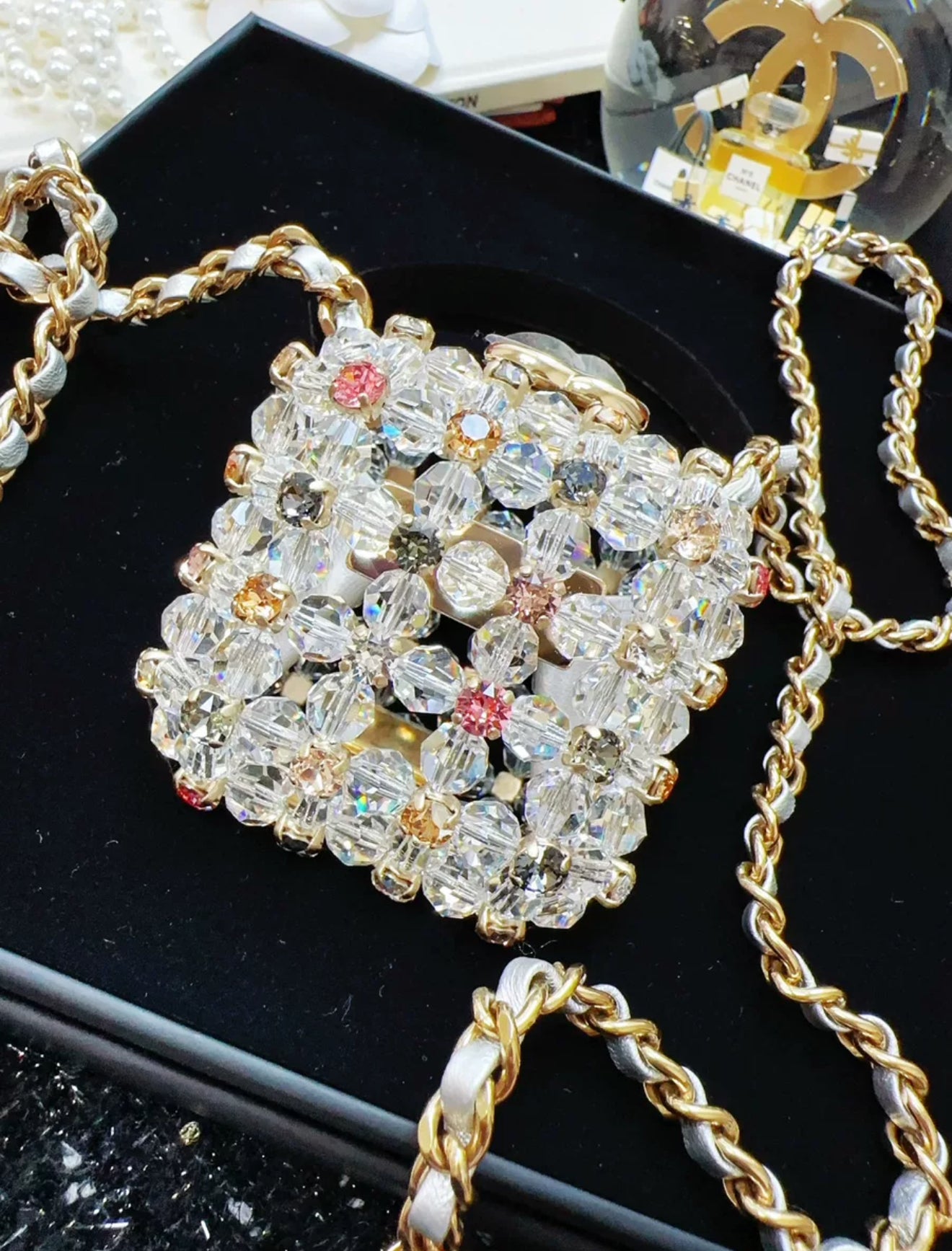 chanel 23C Rainbow Strass, Clear Crystal Embellished Micro Mini CC Evening Bag Gold Hardware