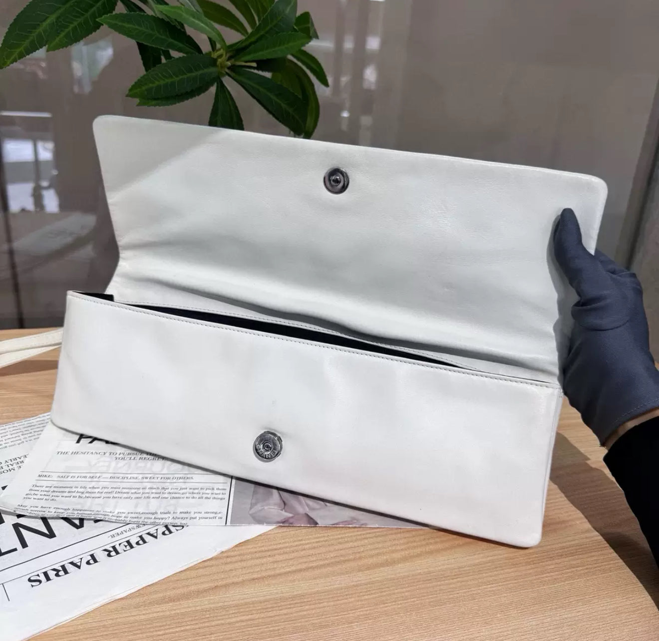 Chanel black and white patent leather clutch bag