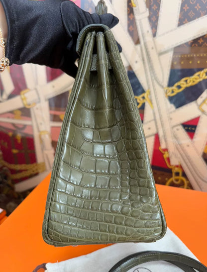 Hermès Kelly 32 olive green Alligator leather Palladium Hardware