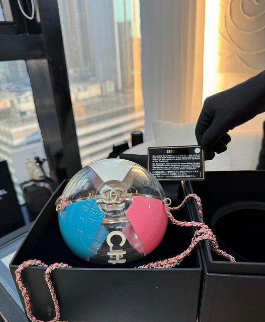 Rare Chanel 2019 Runway White Blue Pink Clear Round Beach Ball Evening Shoulder Bag very good condition full set with original box