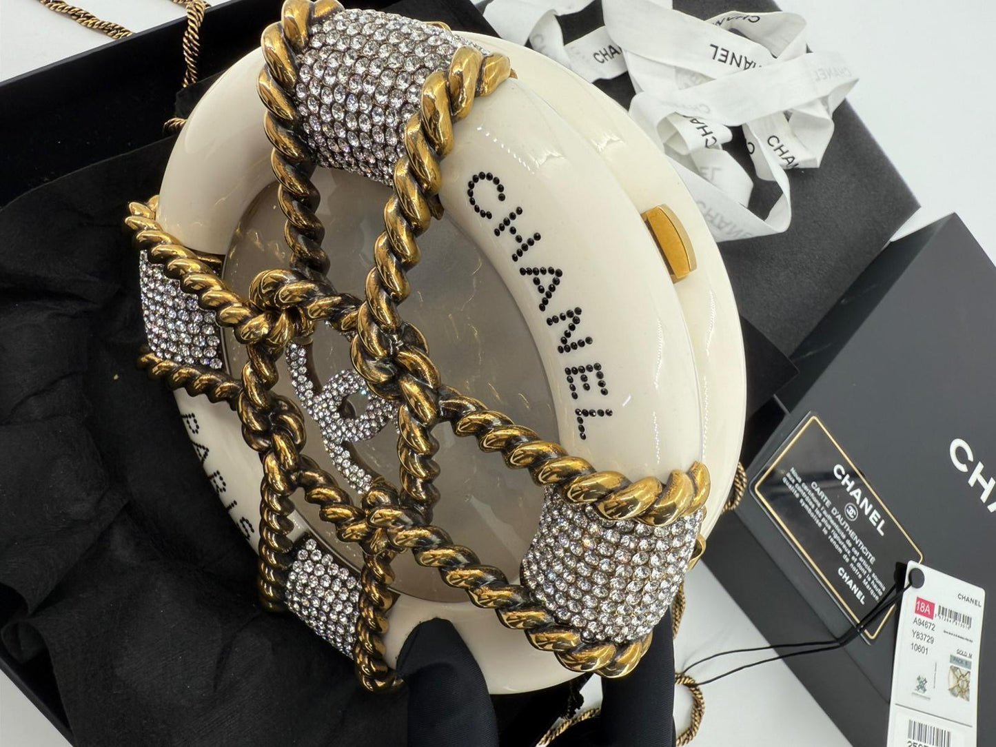 Chanel White Strass and Resin Nautical Wheel Minaudière Bronze Hardware, 2018 Métiers D'art
