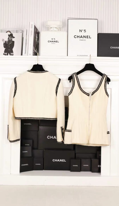 Chanel 1993 runway black/ecru tweed corset top and cropped jacket