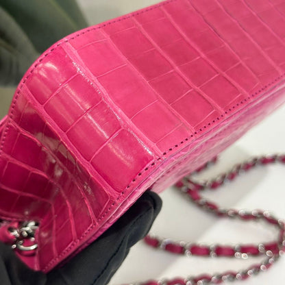 Chanel pink Alligator leather mini flap silver hardware