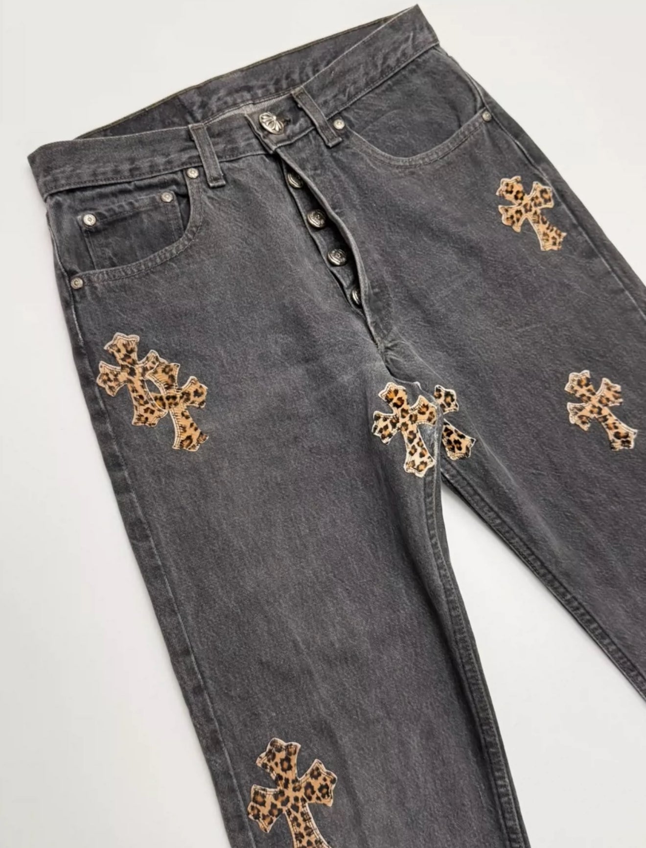 Chrome Hearts Black Jeans Leopard Crosses