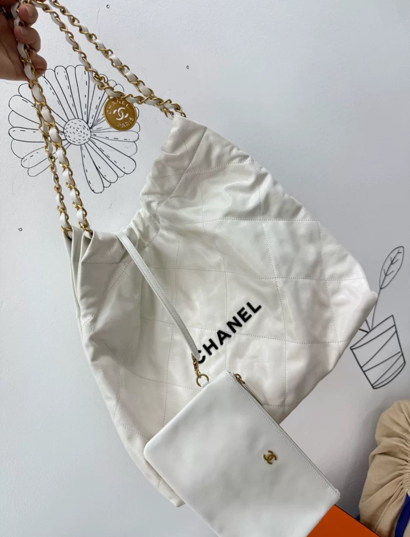 Chanel 22 Hobo Bag White Leather Gold Hardware