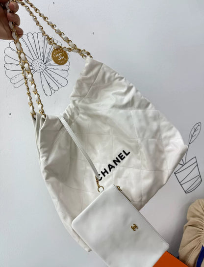 Chanel 22 Hobo Bag White Leather Gold Hardware