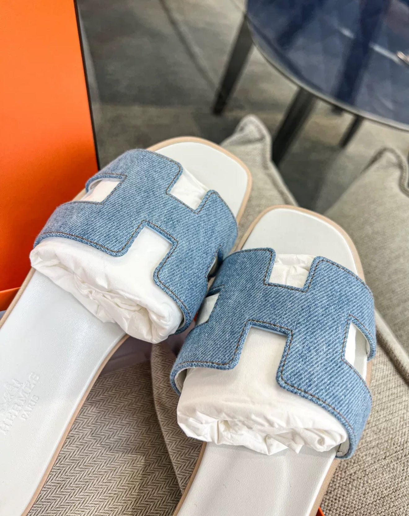 Hermès Oran Sandals Clear Blue Denim